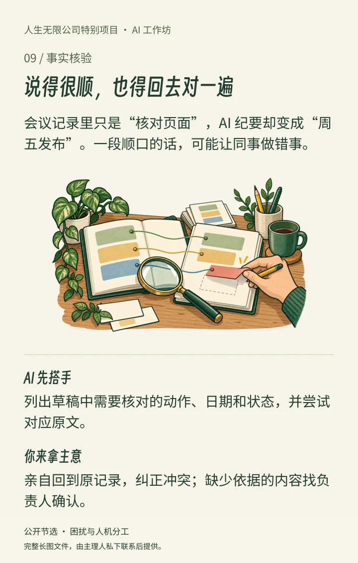事实核验长图案例：逐条对照原材料，标记依据与待确认项